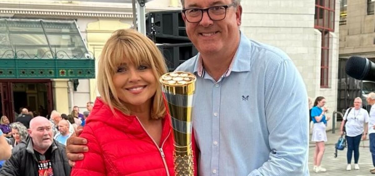 Image of Christine Talbot and Duncan Wood reuniting for Baton of Hope suicide prevention. Featured with the Baton during the Sheffield leg of Baton of Hope's inaugural tour